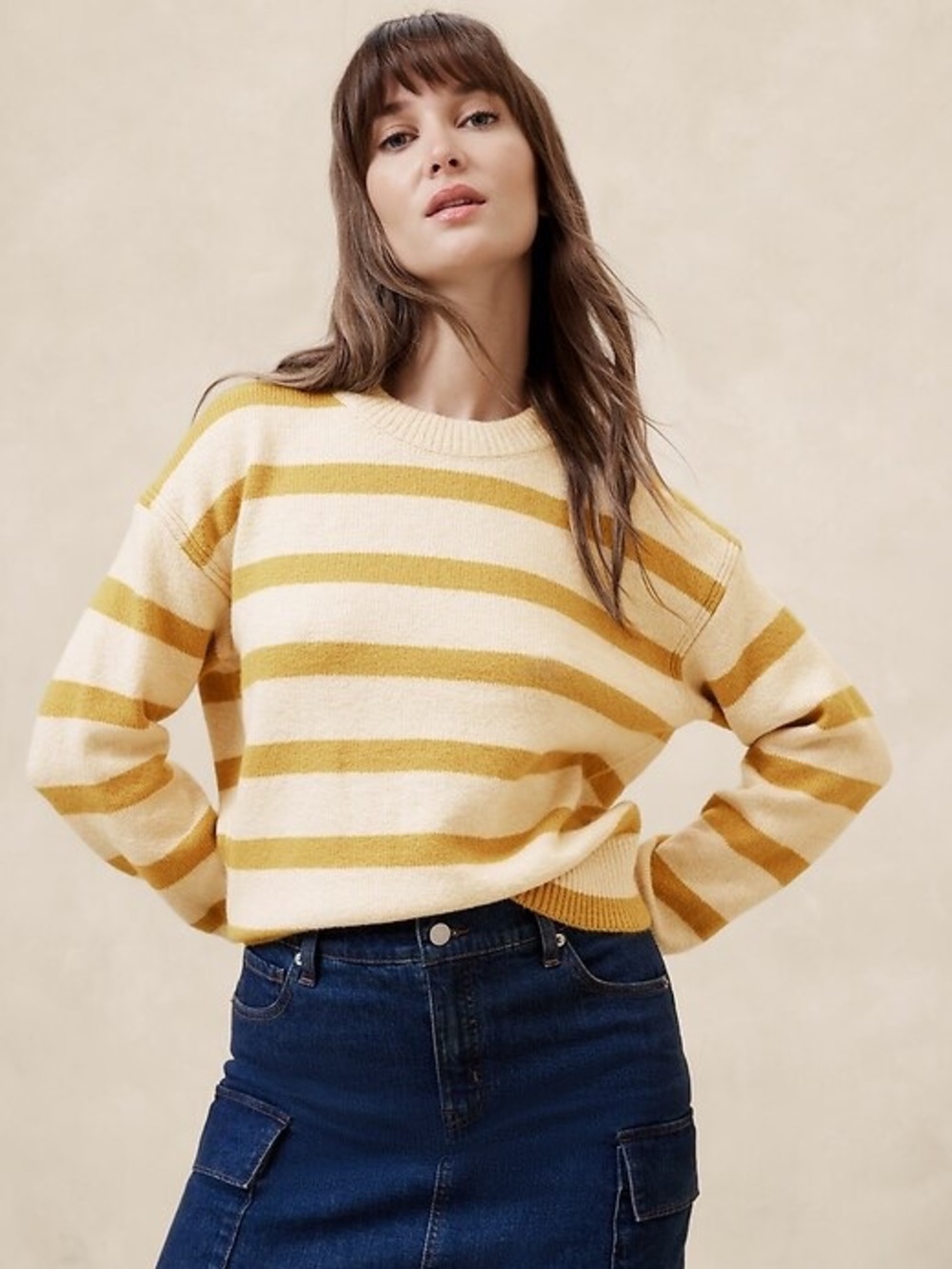 Banana Republic Striped Crewneck Sweater Mustard and Cream Academia Cozy Fall M
